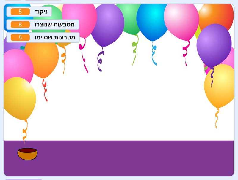צילום מסך מהמשחק "גשם של מטבעות" ב-Scratch